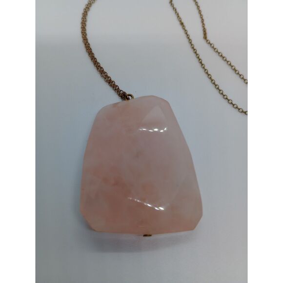 Large Natural Stone 2" Rose Quartz Pendant Silver Tone 30" Chain Necklace - Picture 4 of 6